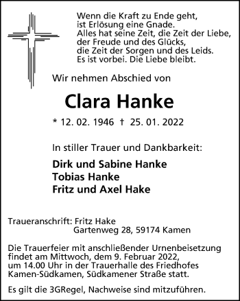 Traueranzeige von Clara Hanke von WVW Anzeigenblätter