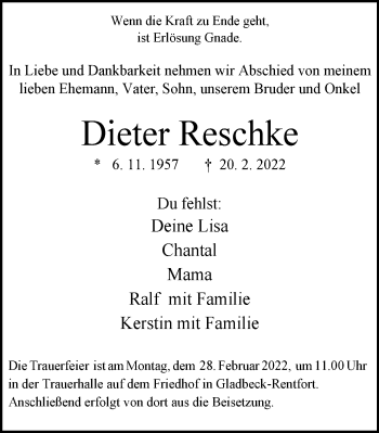 Traueranzeige von Dieter Reschke von WVW Anzeigenblätter