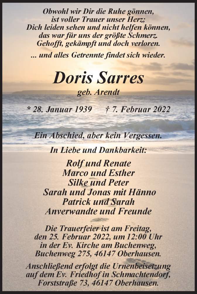  Traueranzeige für Doris Sarres vom 19.02.2022 aus WVW Anzeigenblätter