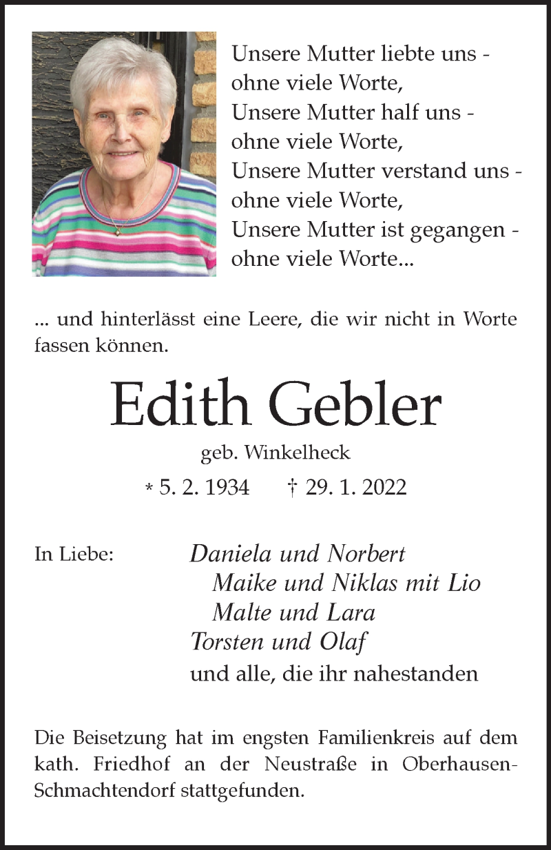  Traueranzeige für Edith Gebler vom 05.02.2022 aus WVW Anzeigenblätter
