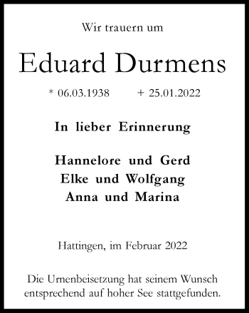 Traueranzeige von Eduard Durmens von WVW Anzeigenblätter