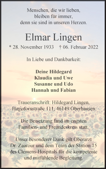 Traueranzeige von Elmar Lingen von WVW Anzeigenblätter
