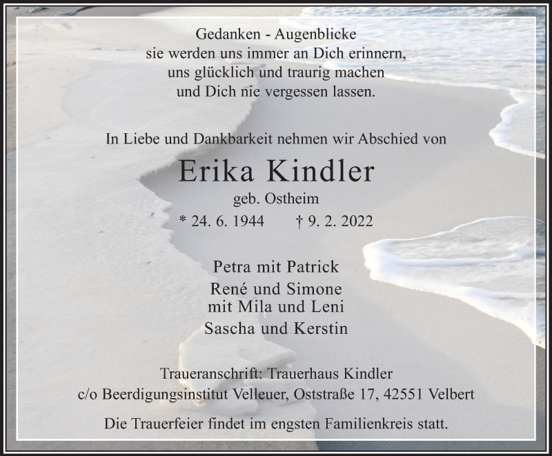  Traueranzeige für Erika Kindler vom 19.02.2022 aus WVW Anzeigenblätter