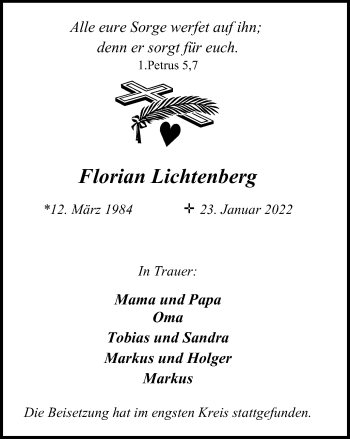 Traueranzeige von Florian Lichtenberg von WVW Anzeigenblätter