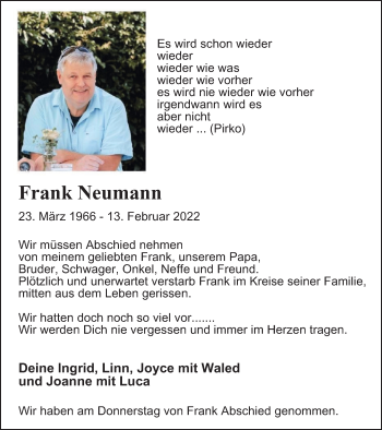 Traueranzeige von Frank Neumann von WVW Anzeigenblätter