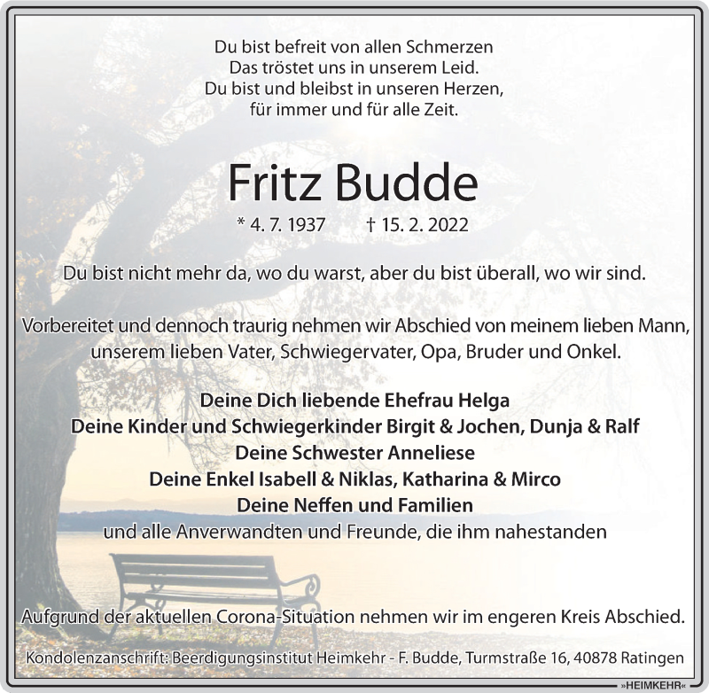  Traueranzeige für Fritz Budde vom 26.02.2022 aus WVW Anzeigenblätter