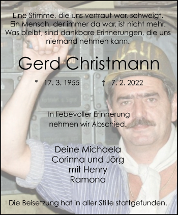 Traueranzeige von Gerd Christmann von WVW Anzeigenblätter