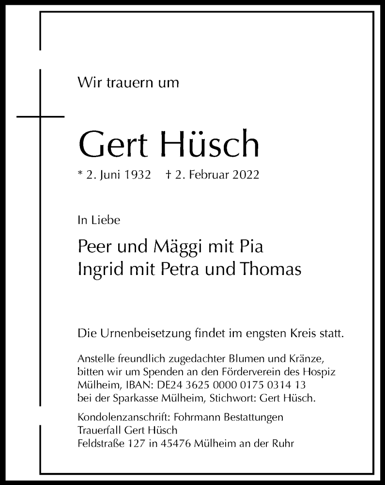  Traueranzeige für Gert Hüsch vom 12.02.2022 aus WVW Anzeigenblätter