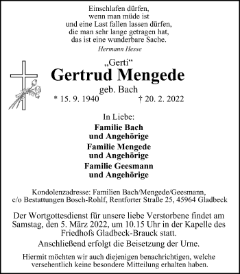 Traueranzeige von Gertrud Mengede von WVW Anzeigenblätter