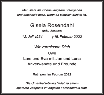 Traueranzeige von Gisela Rosendahl von WVW Anzeigenblätter