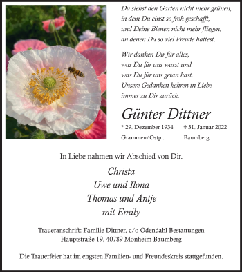 Traueranzeige von Günter Dittner von WVW Anzeigenblätter