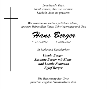 Traueranzeige von Hans Berger von WVW Anzeigenblätter
