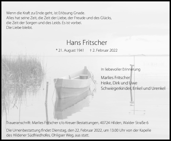 Traueranzeige von Hans Fritscher von WVW Anzeigenblätter