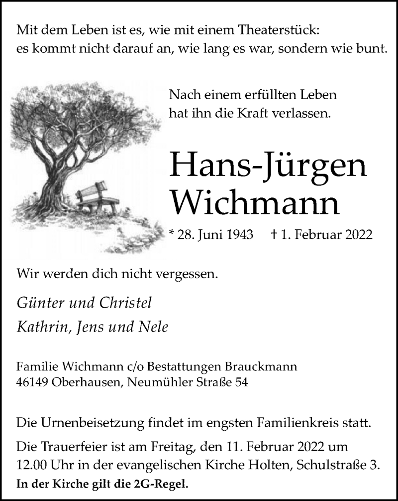  Traueranzeige für Hans-Jürgen Wichmann vom 05.02.2022 aus WVW Anzeigenblätter