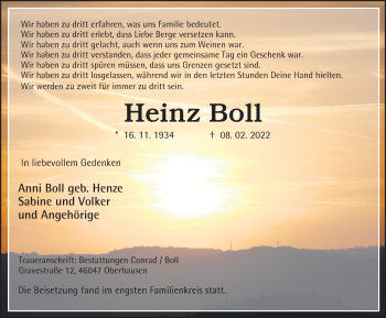 Traueranzeige von Heinz Boll von WVW Anzeigenblätter