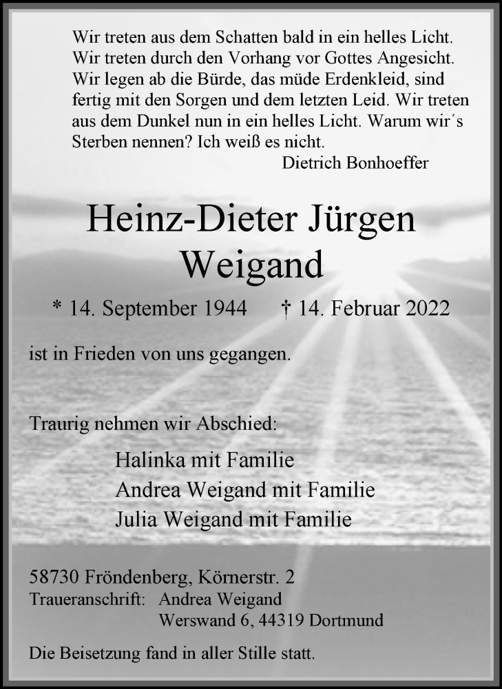  Traueranzeige für Heinz-Dieter Jürgen Weigand vom 19.02.2022 aus WVW Anzeigenblätter
