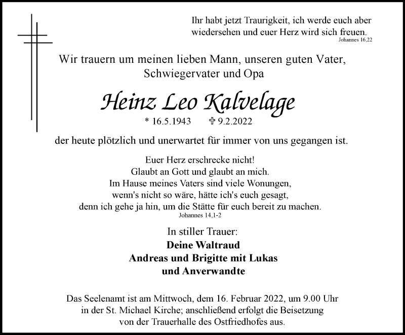  Traueranzeige für Heinz Leo Kafvelage vom 12.02.2022 aus WVW Anzeigenblätter
