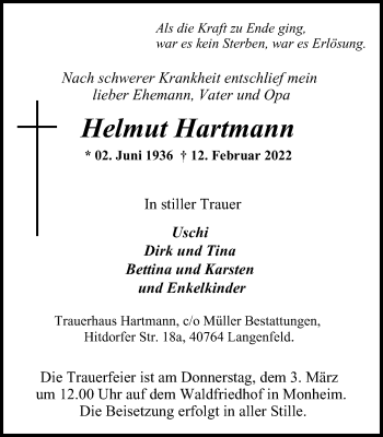 Traueranzeige von Helmut Hartmann von WVW Anzeigenblätter