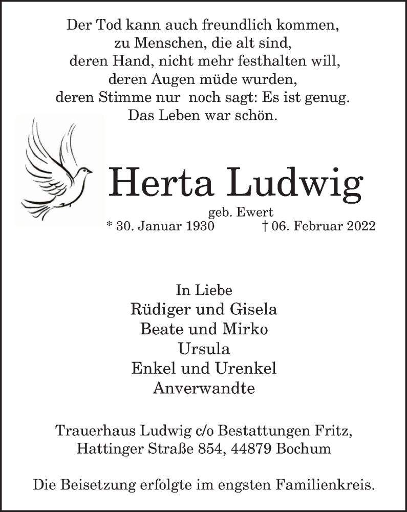  Traueranzeige für Herta Ludwig vom 26.02.2022 aus WVW Anzeigenblätter