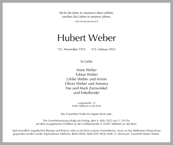 Traueranzeige von Hubert Weber von WVW Anzeigenblätter