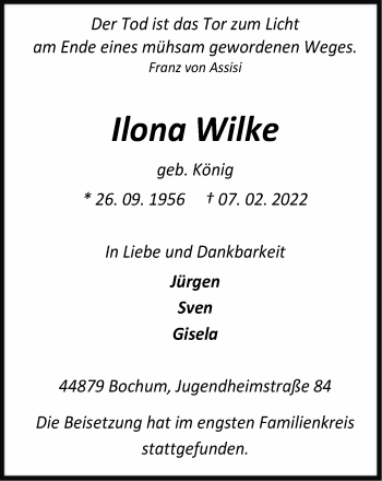 Traueranzeige von Ilona Wilke von WVW Anzeigenblätter