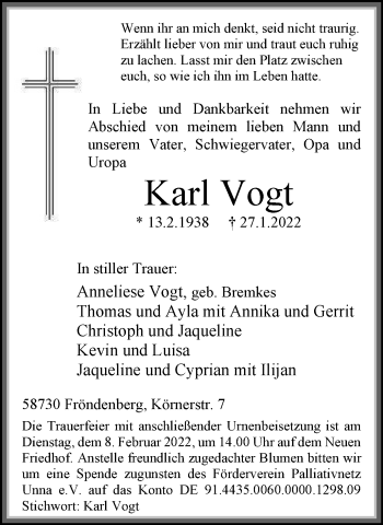 Traueranzeige von Karl Vogt von WVW Anzeigenblätter