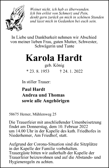 Traueranzeige von Karola Hardt von WVW Anzeigenblätter