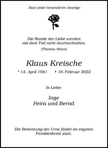 Traueranzeige von Klaus Kreische von WVW Anzeigenblätter