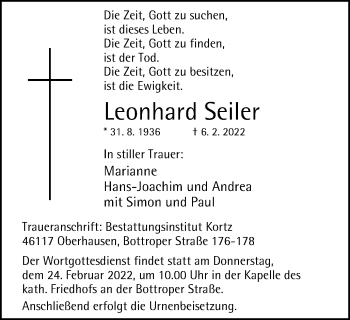 Traueranzeige von Leonhard Seiler von WVW Anzeigenblätter