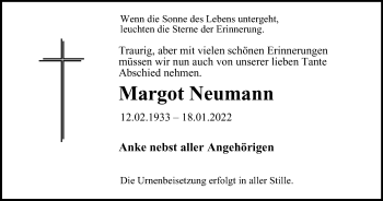 Traueranzeige von Margot Neumann von WVW Anzeigenblätter