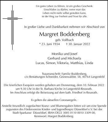 Traueranzeige von Margret Boddenberg von WVW Anzeigenblätter