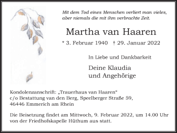 Traueranzeige von Martha van Haaren von WVW Anzeigenblätter