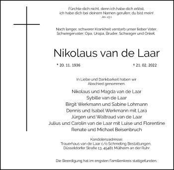 Traueranzeige von Nikolaus van de Laar von WVW Anzeigenblätter