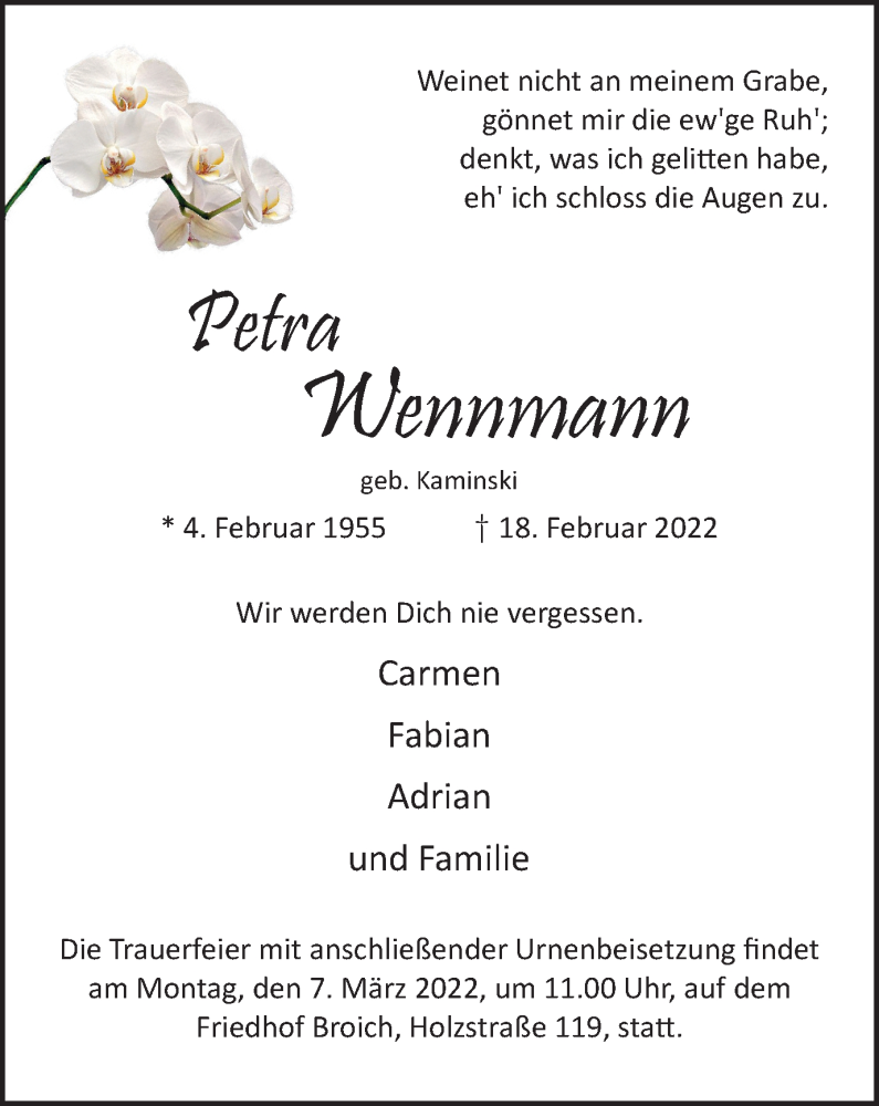  Traueranzeige für Petra Wennmann vom 26.02.2022 aus WVW Anzeigenblätter