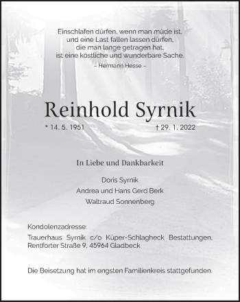 Traueranzeige von Reinhold Syrnik von WVW Anzeigenblätter