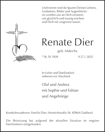 Traueranzeige von Renate Dier von WVW Anzeigenblätter