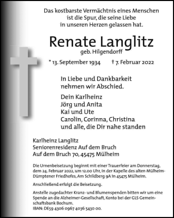 Traueranzeige von Renate Langlitz von WVW Anzeigenblätter