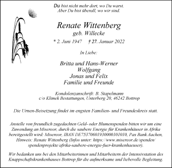 Traueranzeige von Renate Wittenberg von WVW Anzeigenblätter