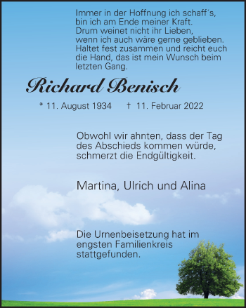 Traueranzeige von Richard Benisch von WVW Anzeigenblätter