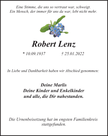 Traueranzeige von Robert Lenz von WVW Anzeigenblätter
