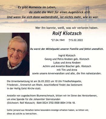 Traueranzeige von Rolf Klotzsch von WVW Anzeigenblätter