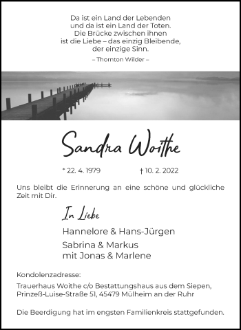 Traueranzeige von Sandra Woithe von WVW Anzeigenblätter