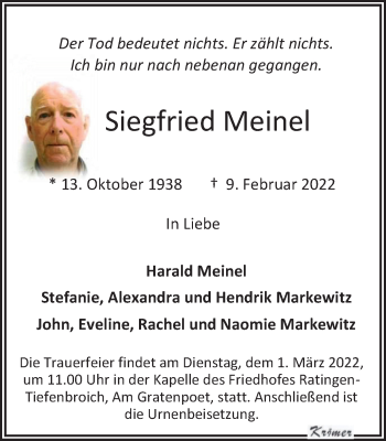 Traueranzeige von Siegfried Meinel von WVW Anzeigenblätter