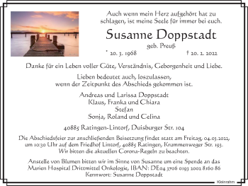 Traueranzeige von Susanne Doppstadt von WVW Anzeigenblätter