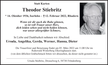 Traueranzeige von Theodor Stiebritz von WVW Anzeigenblätter