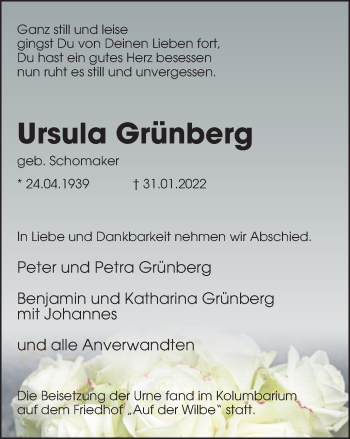 Traueranzeige von Ursula Grünberg von WVW Anzeigenblätter