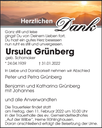 Traueranzeige von Ursula Grünberg von WVW Anzeigenblätter