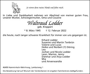 Traueranzeige von Waltraud Lodder von WVW Anzeigenblätter