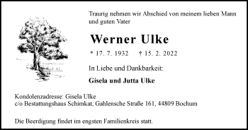 Traueranzeige von Werner Ulke von WVW Anzeigenblätter