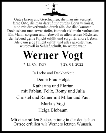 Traueranzeige von Werner Vogt von WVW Anzeigenblätter